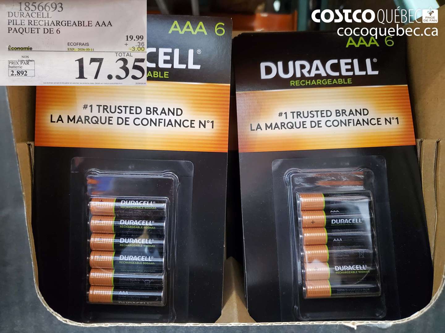 1856693 DURACELL PILE RECHARGEABLE AAA PAQUET DE 6 ($3.00 INSTANT SAVINGS EXPIRES ON 2026-10-11) $17.35