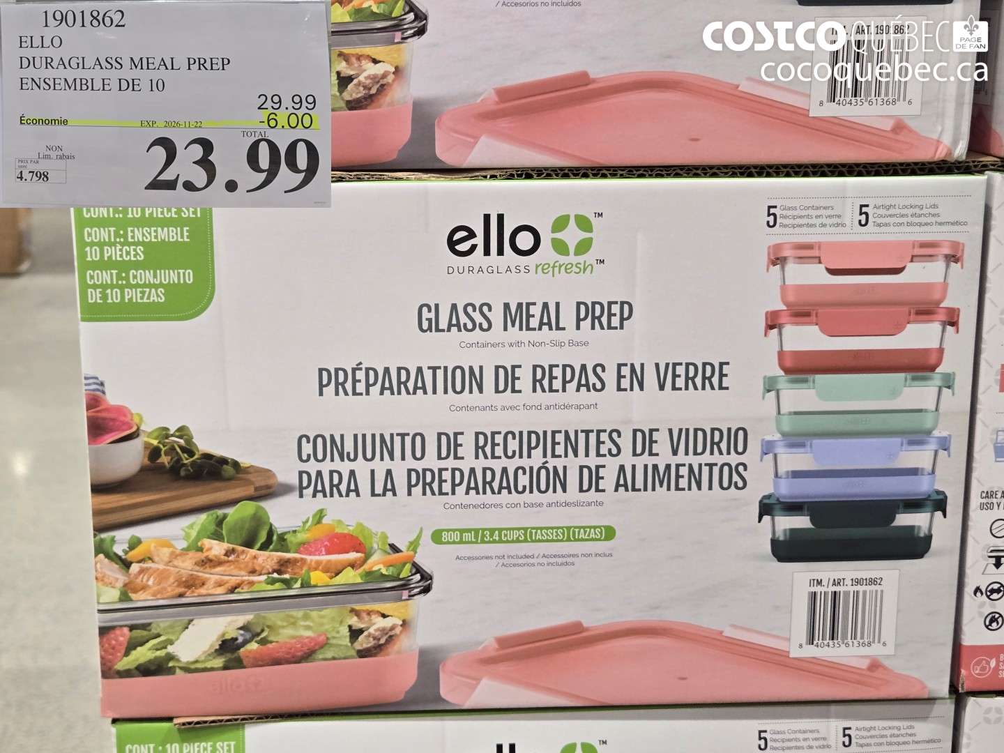 1901862 ELLO DURAGLASS MEAL PREP ENSEMBLE DE 10 ($6.00 INSTANT SAVINGS EXPIRES ON 2026-11-22) $23.99