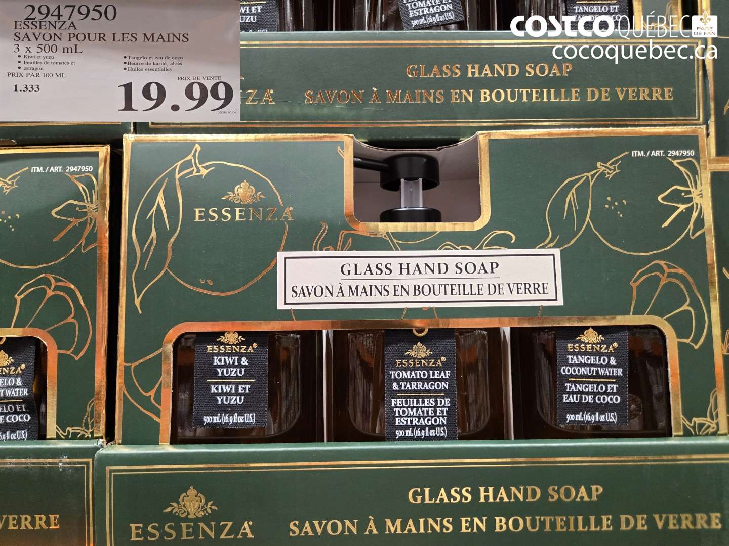 2947950 ESSENZA SAVON POUR LES MAINS 3 X 500 ML $19.99