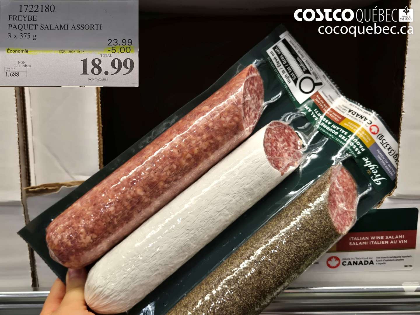 1722180 FREYBE PAQUET SALAMI ASSORTI 3 X 375 G ($5.00 INSTANT SAVINGS EXPIRES ON 2026-10-18) $18.99