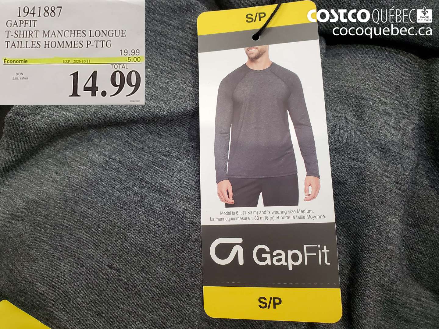 1941887 GAPFIT T-SHIRT MANCHES LONGUE TAILLES HOMMES P-TTG ($5.00 INSTANT SAVINGS EXPIRES ON 2026-10-11) $14.99