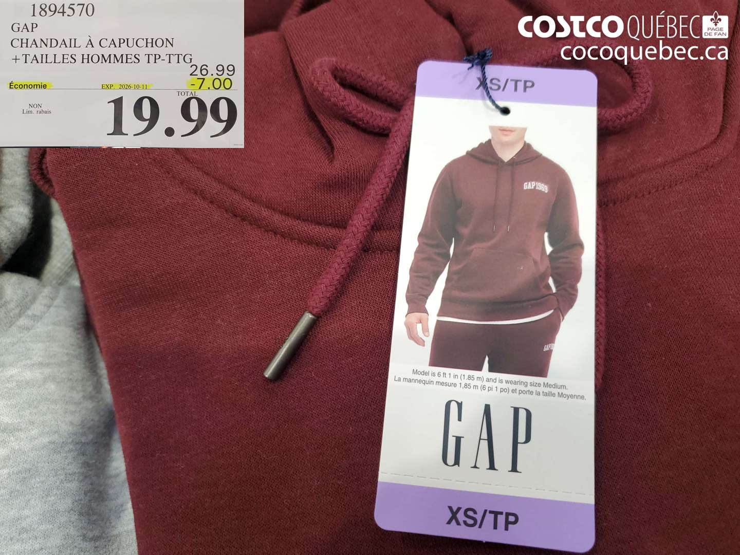 1894570 GAP CHANDAIL À CAPUCHON ($7.00 INSTANT SAVINGS EXPIRES ON 2026-10-11) $19.99