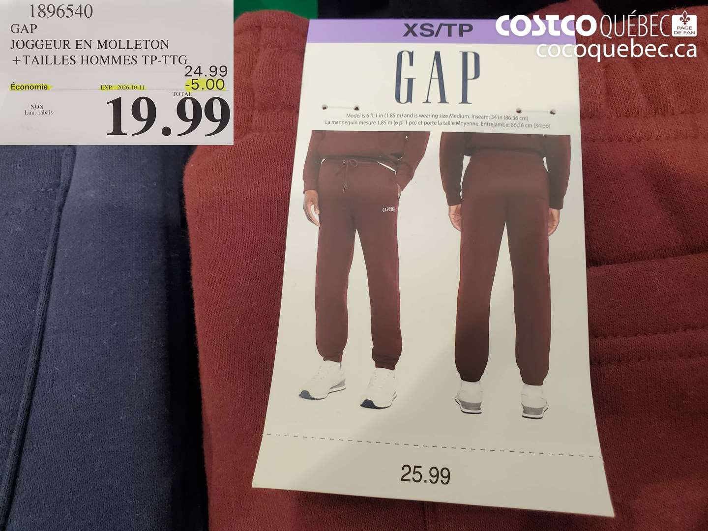 1896540 GAP JOGGEUR EN MOLLETON + TAILLES HOMMES TP-TTG ($5.00 INSTANT SAVINGS EXPIRES ON 2026-10-11) $19.99