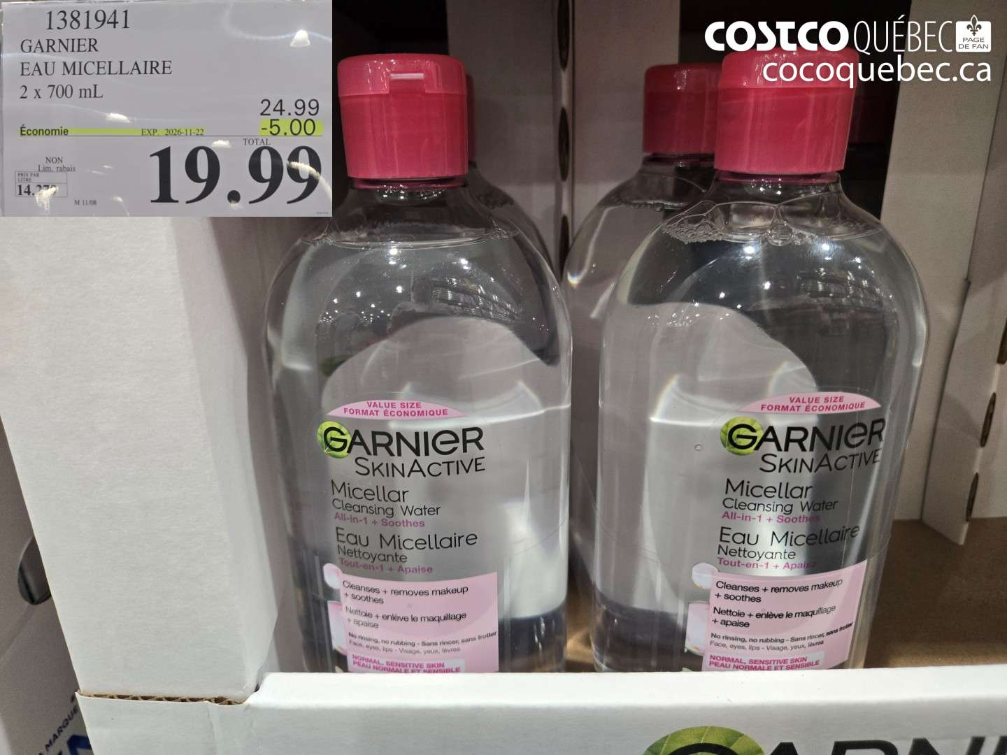 1381941 GARNIER EAU MICELLAIRE 2 X 700 ML ($5.00 INSTANT SAVINGS EXPIRES ON 2026-11-22) $19.99