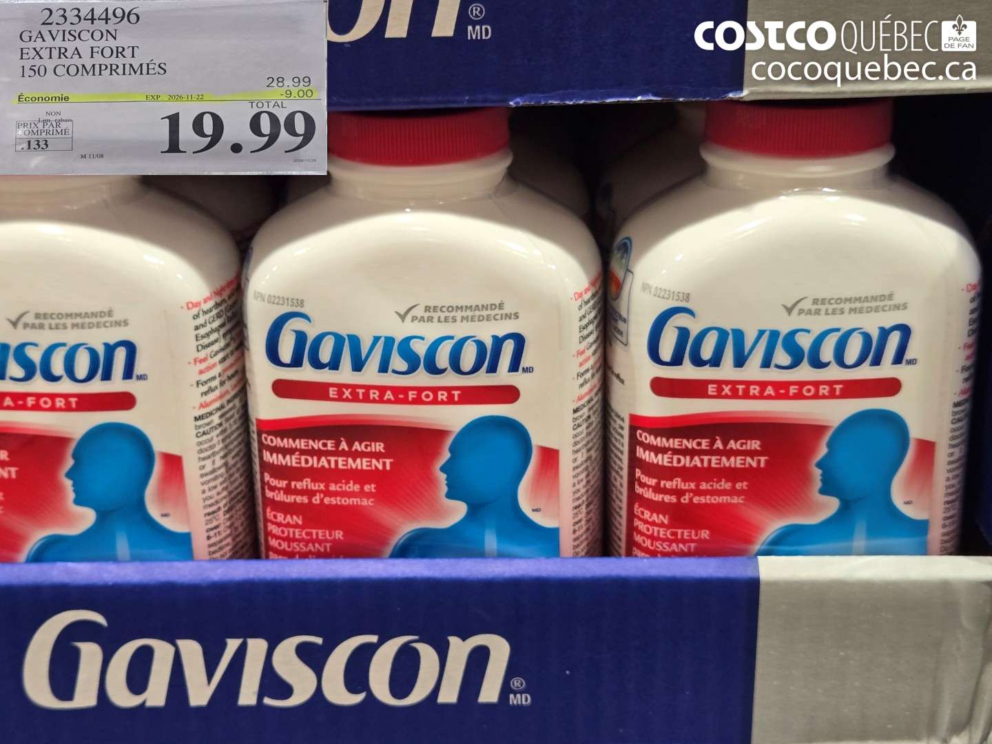 2334496 GAVISCON EXTRA FORT 150 COMPRIMÉS ($9.00 INSTANT SAVINGS EXPIRES ON 2026-11-22) $19.99