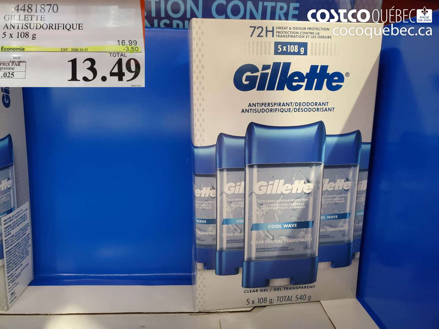4481870 GILLETTE ANTISUDORIFIQUE ($3.50 INSTANT SAVINGS EXPIRES ON 2026-10-25) $13.49