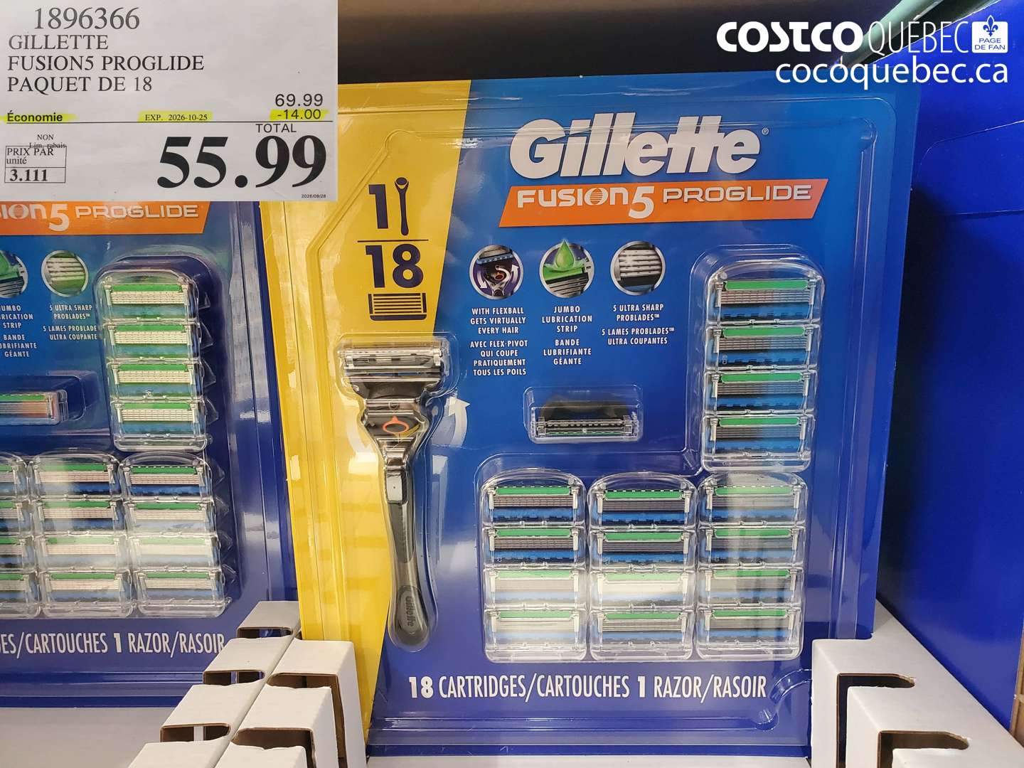 1896366 GILLETTE FUSION5 PROGLIDE PAQUET DE 18 ($14.00 INSTANT SAVINGS EXPIRES ON 2026-10-25) $55.99