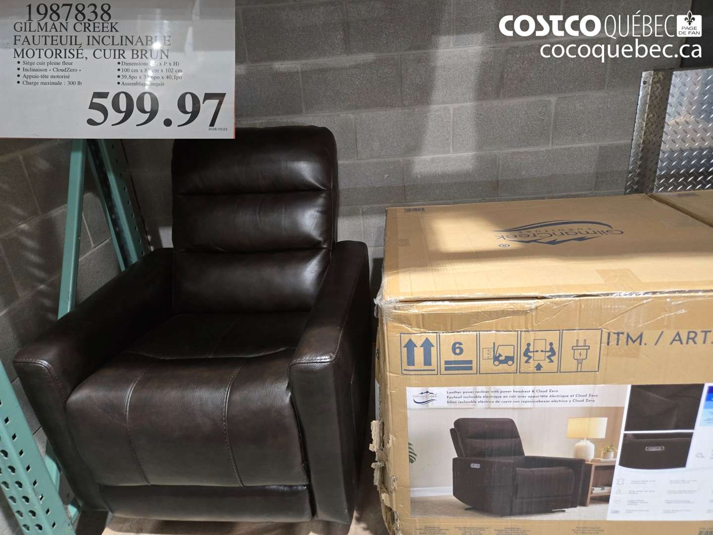 1987838 GILMAN CREEK FAUTEUIL INCLINABLE MOTORISÉ, CUIR BRUN $599.97