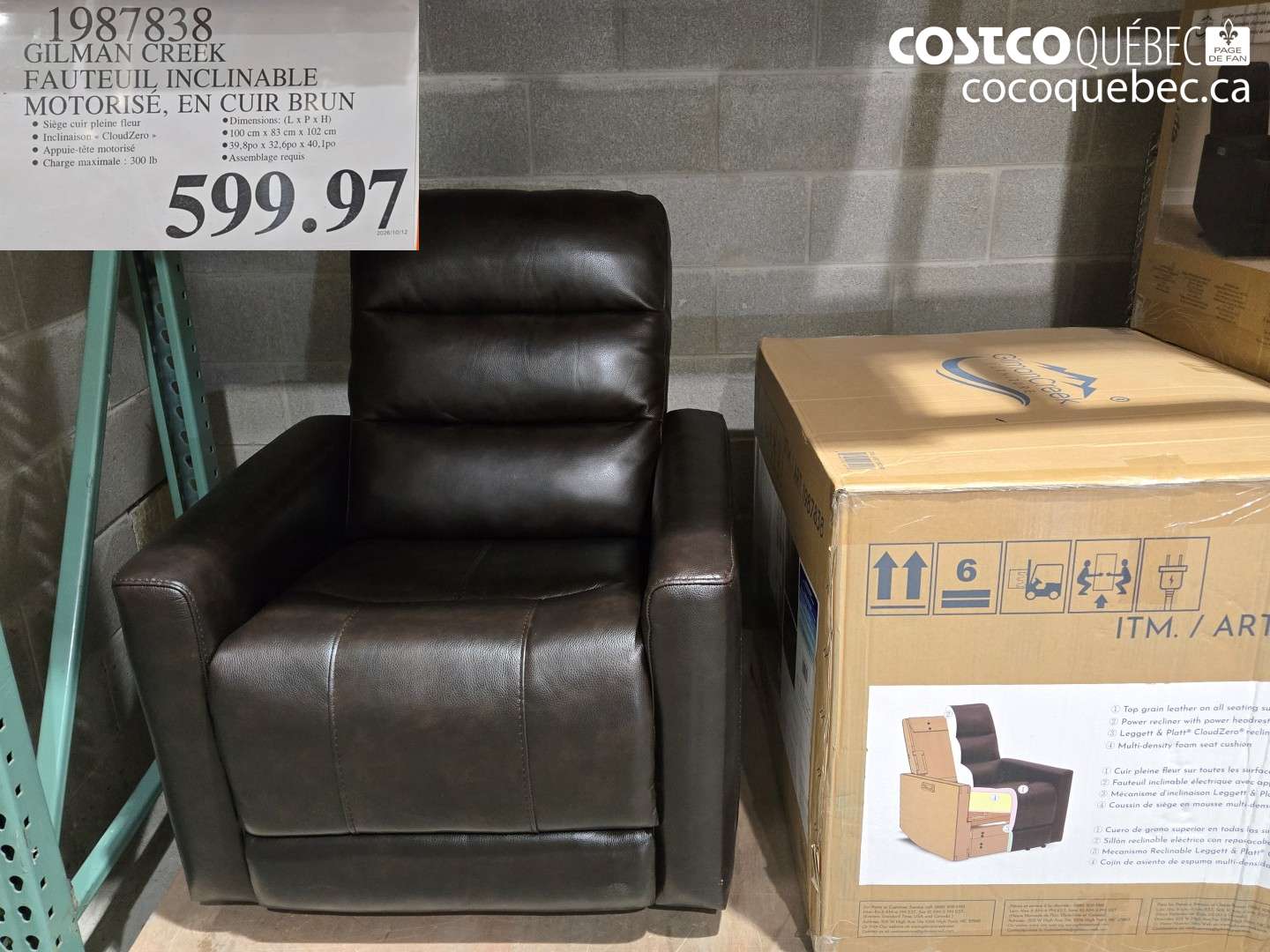 1987838 GILMAN CREEK FAUTEUIL INCLINABLE MOTORISÉ, EN CUIR BRUN $599.97