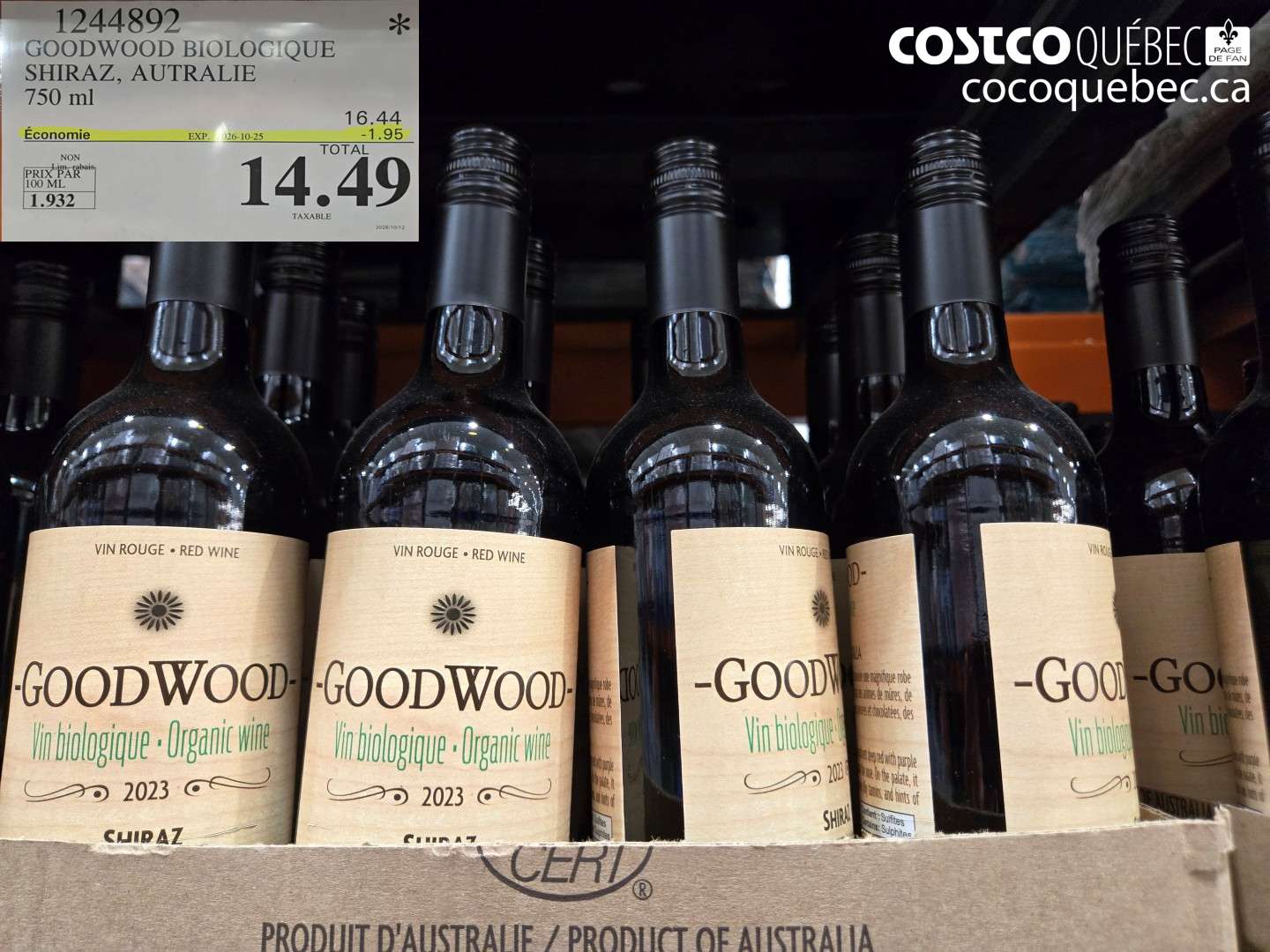 1244892 GOODWOOD BIOLOGIQUE SHIRAZ, AUTRALIE ($1.95 INSTANT SAVINGS EXPIRES ON 2026-10-25) $14.49