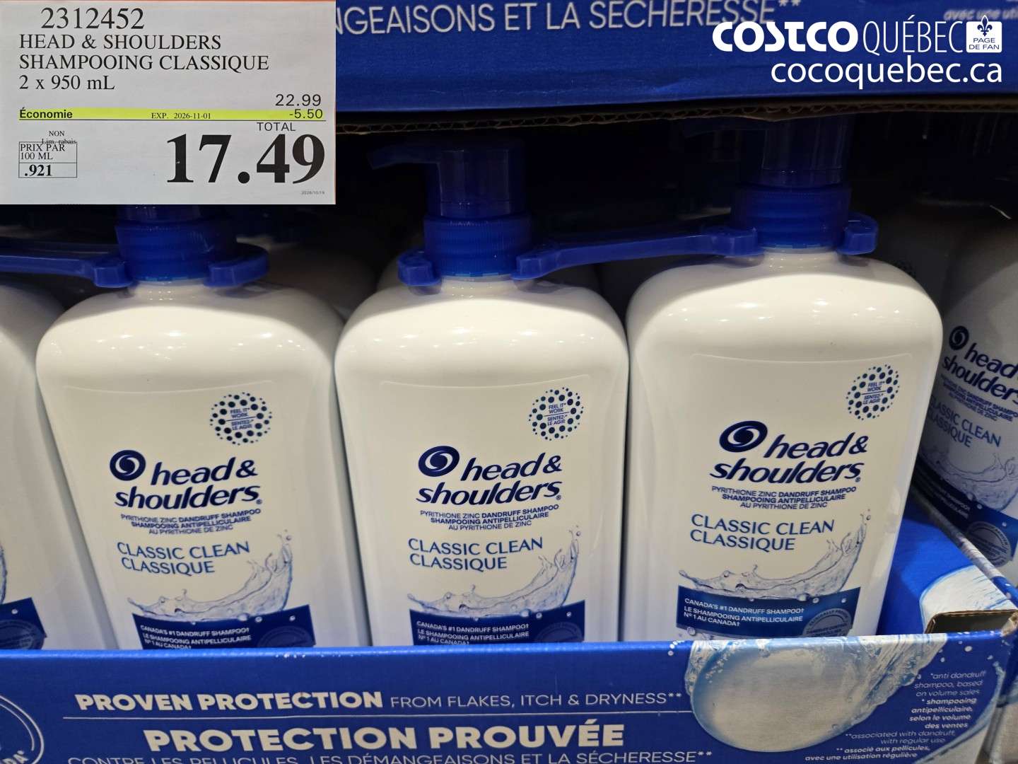 2312452 HEAD & SHOULDERS SHAMPOOING CLASSIQUE 2 X 950 ML ($5.50 INSTANT SAVINGS EXPIRES ON 2026-11-01) $17.49