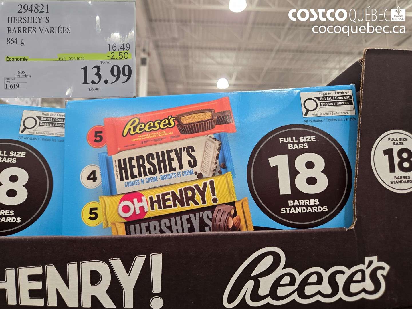 294821 HERSHEY'S BARRES VARIÉES ($2.50 INSTANT SAVINGS EXPIRES ON 2026-10-30) $13.99