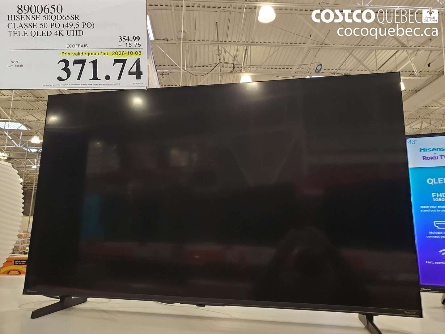 8900650 HISENSE 50QD65SR CLASSE 50 PO (49.5 PO) TÉLÉ QLED 4K UHD (EXPIRES ON 2026-10-08) $371.74