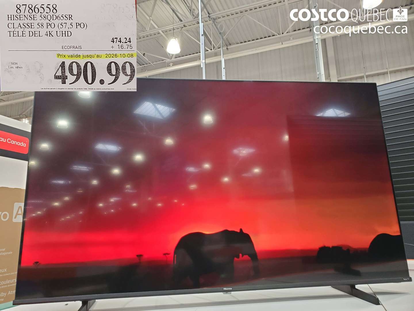 8786558 HISENSE 58QD65SR CLASSE 58 PO (57.5 PO) TÉLÉ DEL 4K UHD (EXPIRES ON 2026-10-08) $490.99