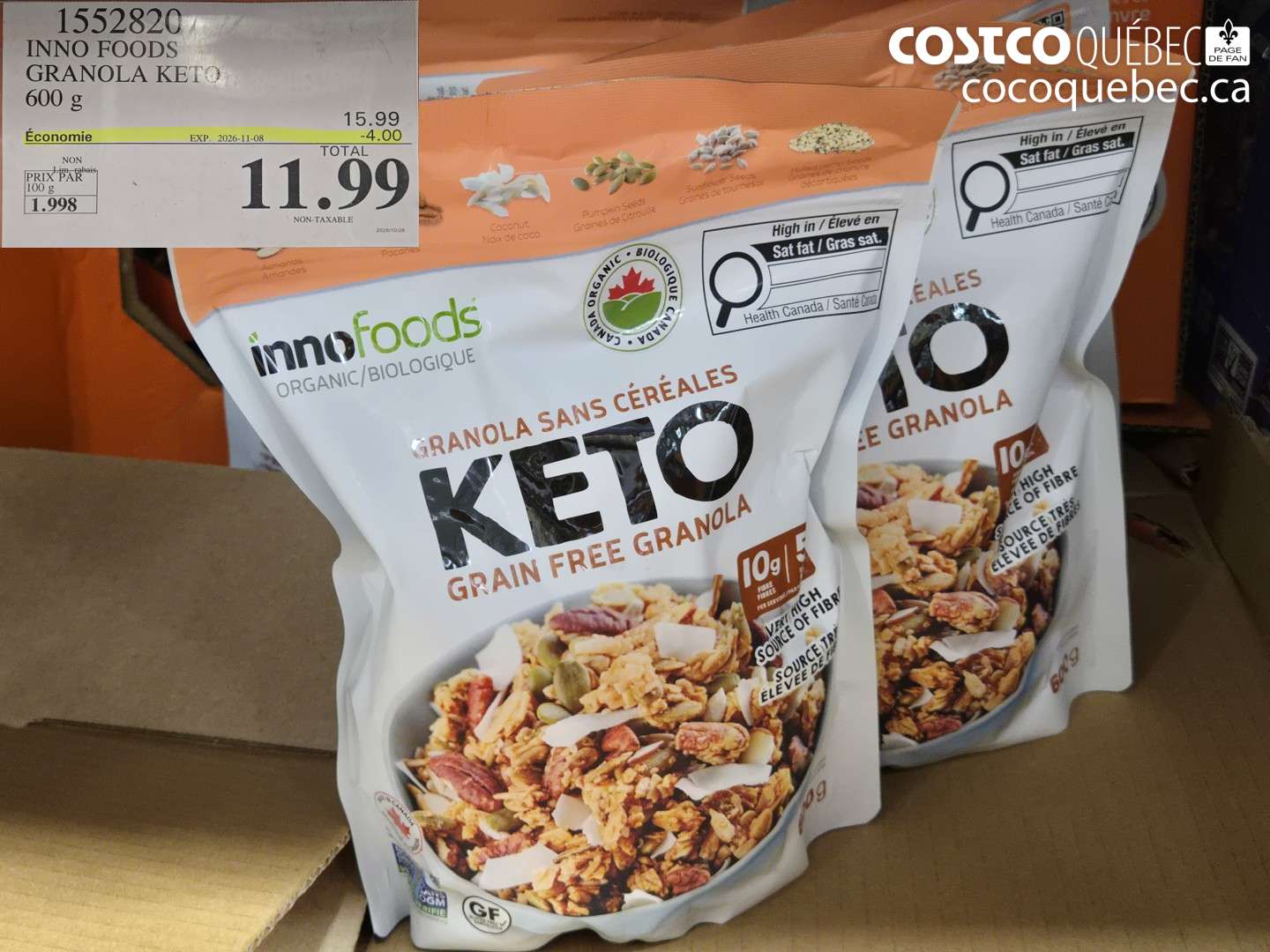 1552820 INNO FOODS GRANOLA KETO 600 G ($4.00 INSTANT SAVINGS EXPIRES ON 2026-11-08) $11.99