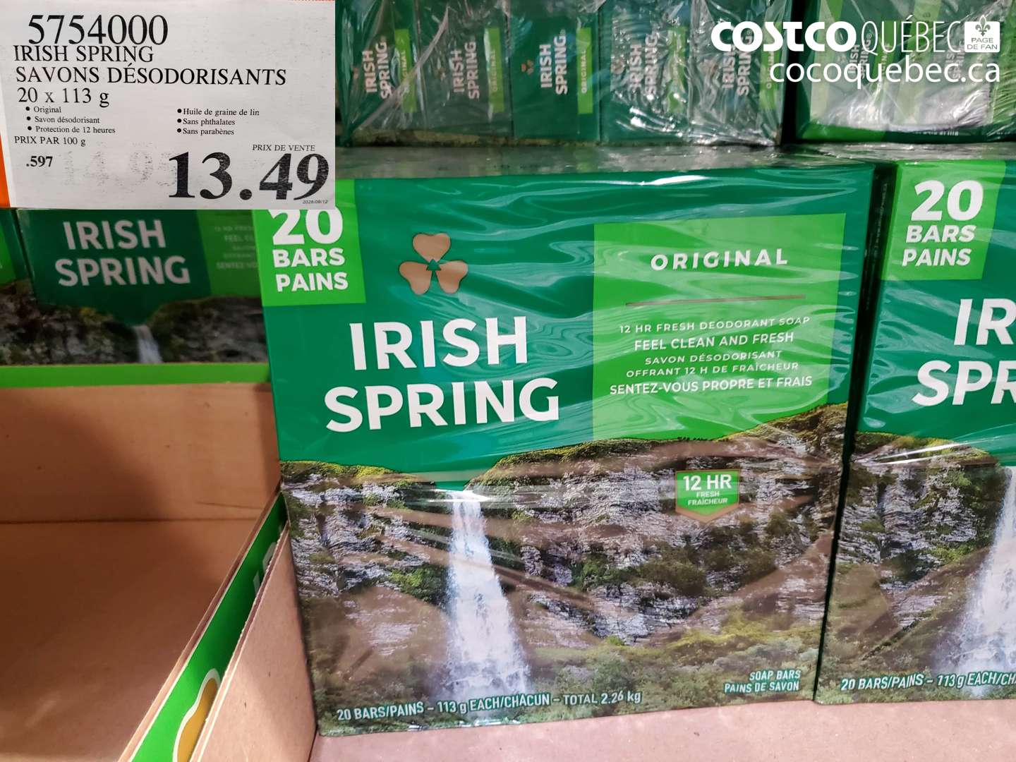 5754000 IRISH SPRING SAVONS DÉSODORISANTS 20 X 113 G $13.49