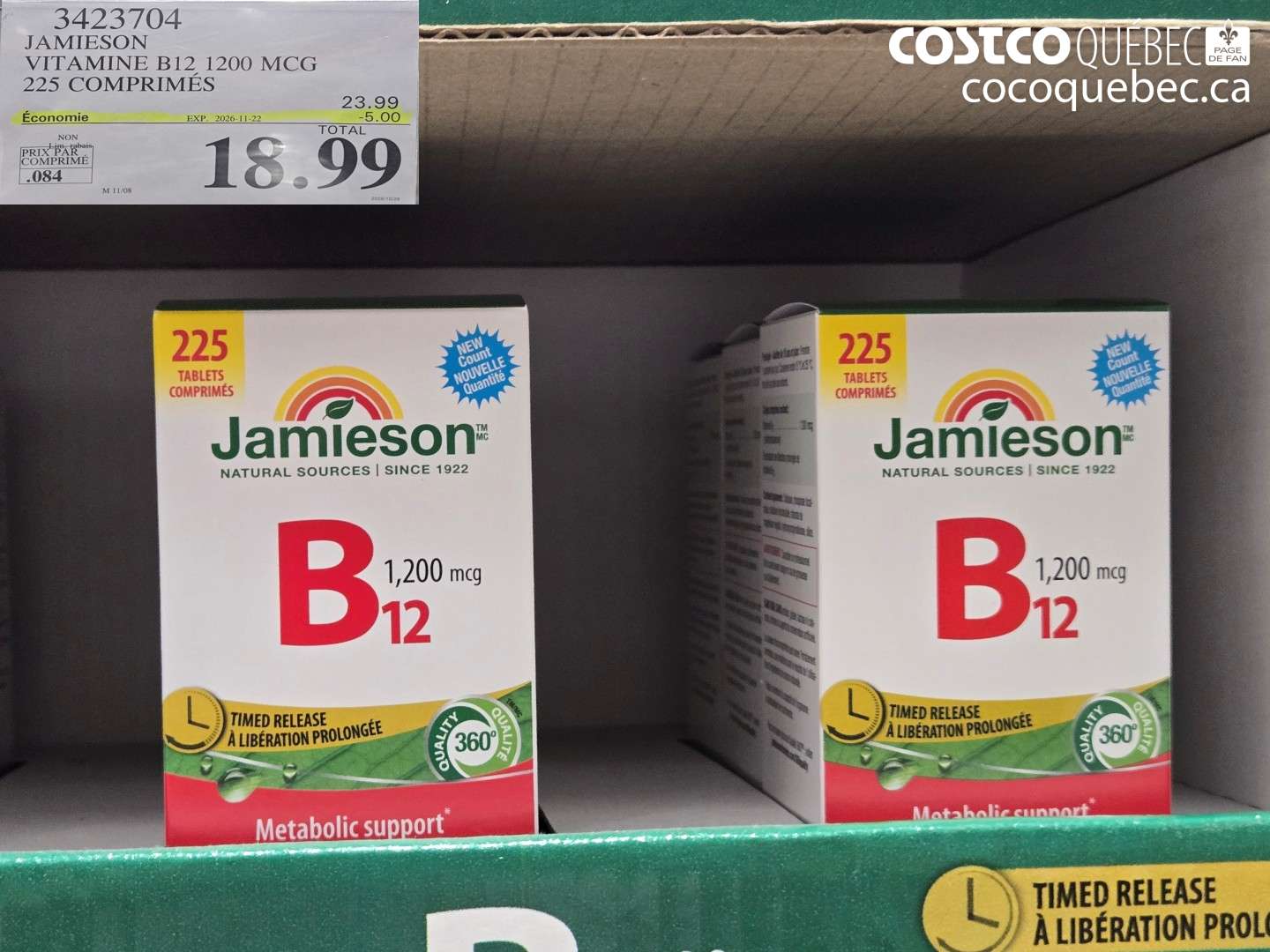 3423704 JAMIESON VITAMINE B12 1200 MCG 225 COMPRIMÉS ($5.00 INSTANT SAVINGS EXPIRES ON 2026-11-22) $18.99