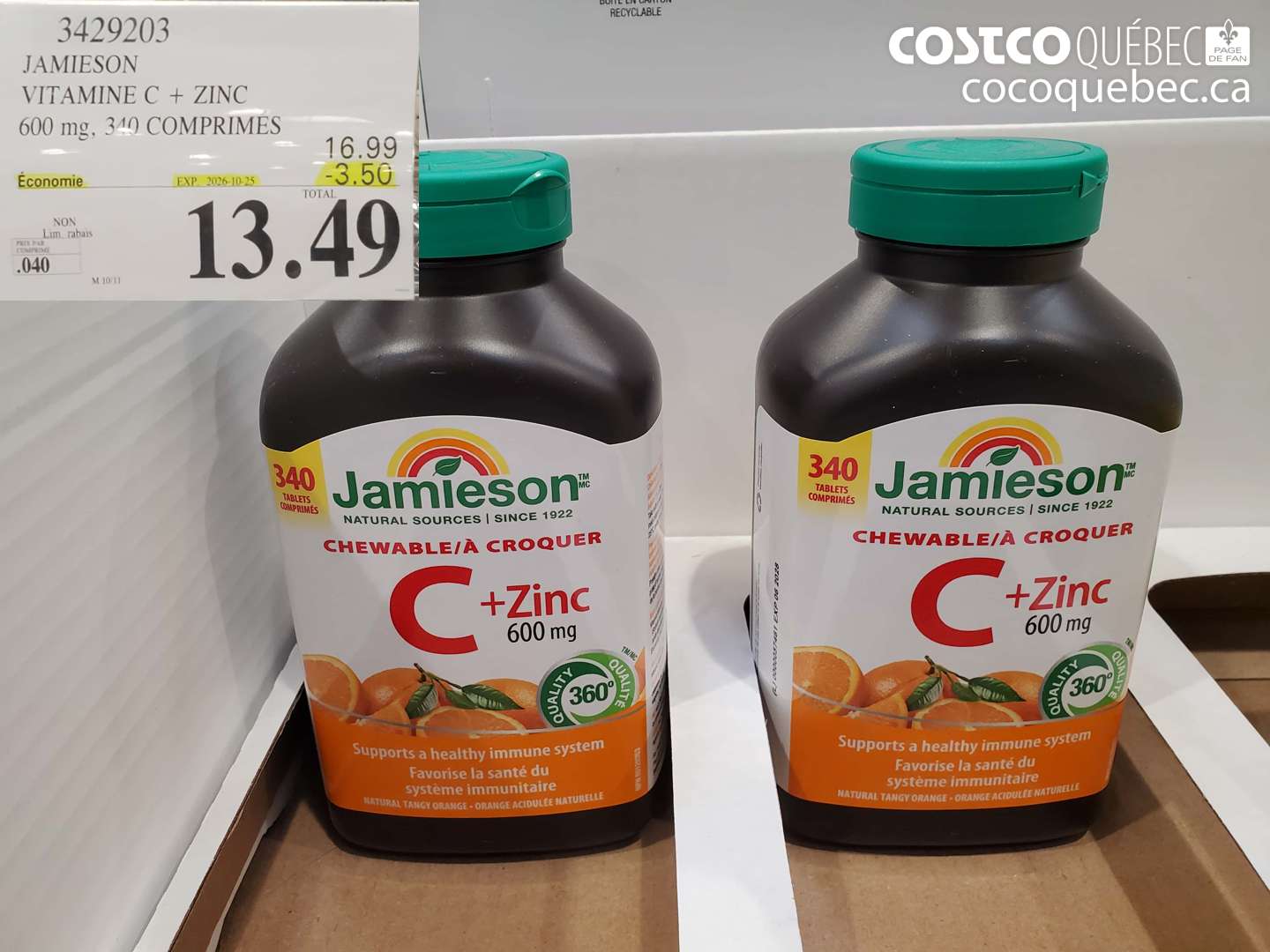 3429203 JAMIESON VITAMINE C + ZINC 600 MG, 340 COMPRIMÉS ($3.50 INSTANT SAVINGS EXPIRES ON 2026-10-25) $13.49