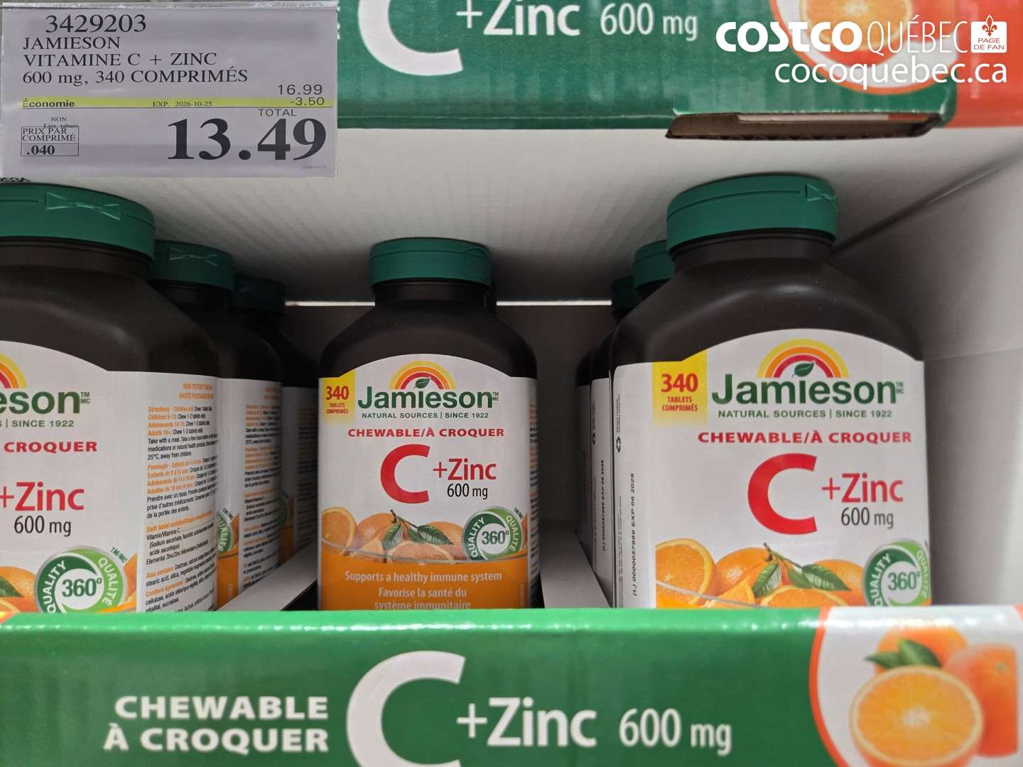 3429203 JAMIESON VITAMINE C + ZINC 600 MG, 340 COMPRIMÉS ($3.50 INSTANT SAVINGS EXPIRES ON 2026-10-25) $13.49