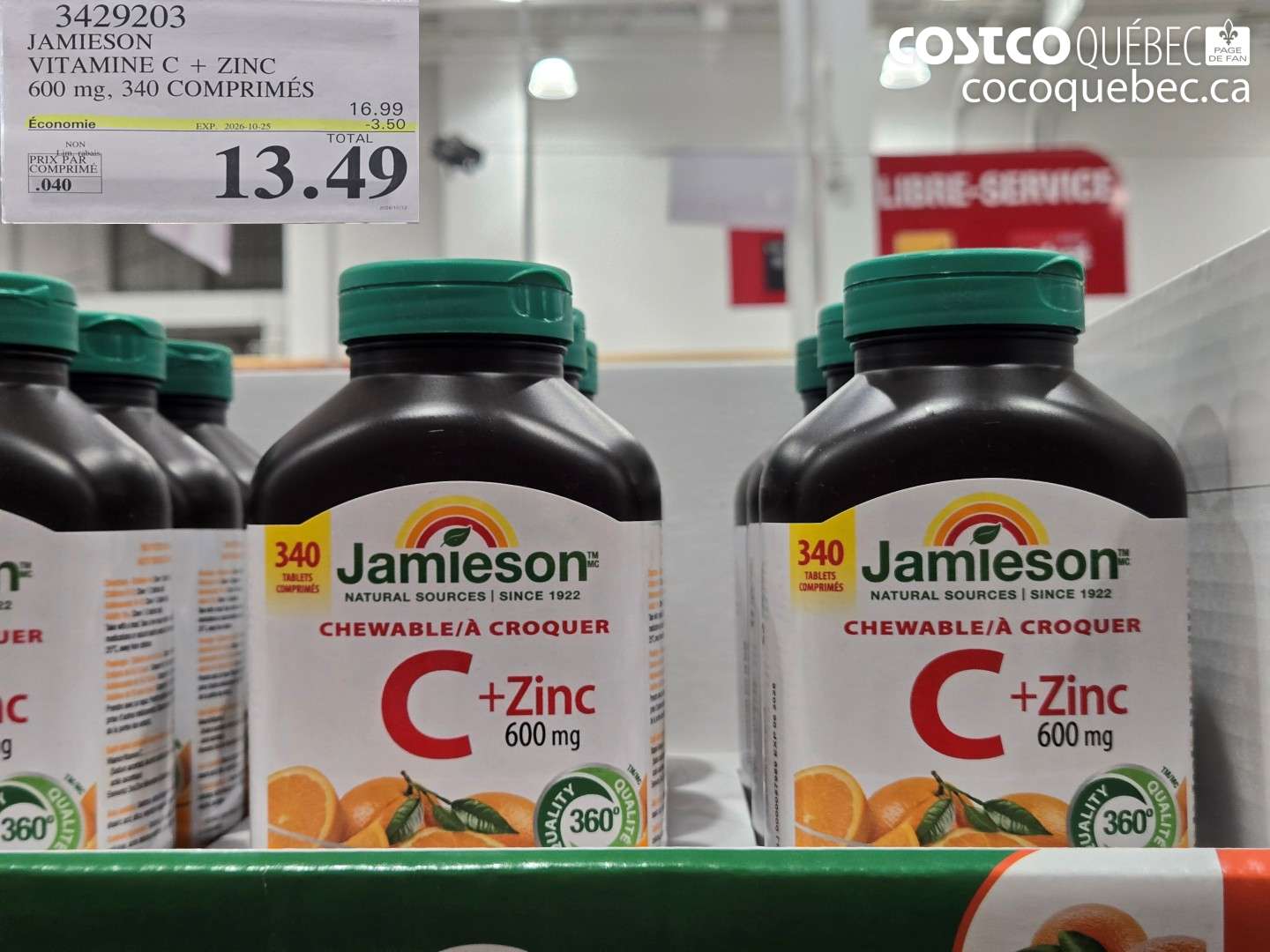 3429203 JAMIESON VITAMINE C + ZINC 600 MG, 340 COMPRIMÉS ($3.50 INSTANT SAVINGS EXPIRES ON 2026-10-25) $13.49