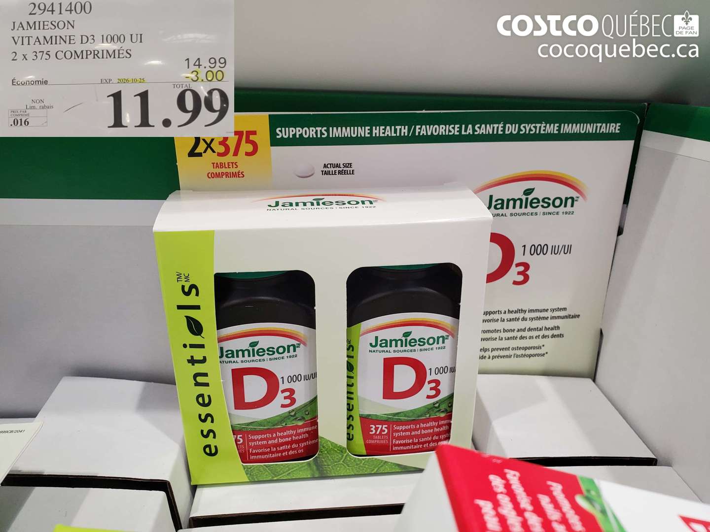 2941400 JAMIESON VITAMINE D3 1000 UI 2 X 375 COMPRIMÉS ($3.00 INSTANT SAVINGS EXPIRES ON 2026-10-25) $11.99