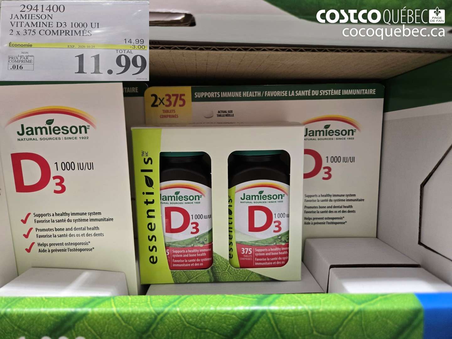 2941400 JAMIESON VITAMINE D3 1000 UI 2 X 375 COMPRIMÉS ($3.00 INSTANT SAVINGS EXPIRES ON 2026-10-25) $11.99