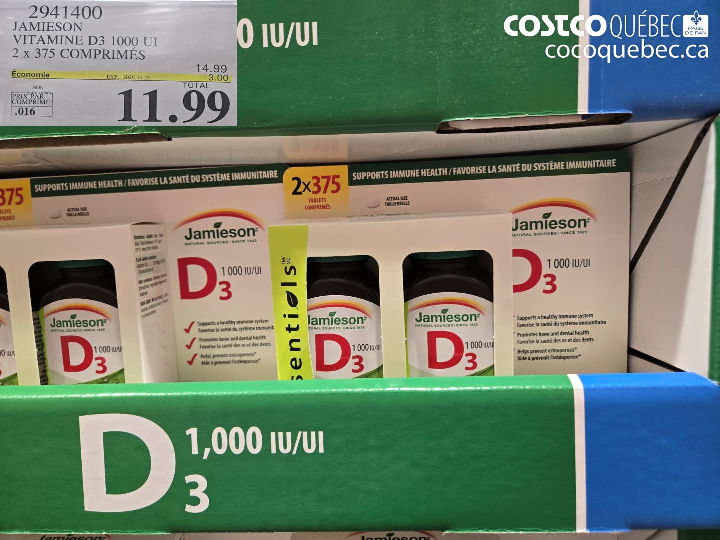 2941400 JAMIESON VITAMINE D3 1000 UI 2 X 375 COMPRIMÉS ($3.00 INSTANT SAVINGS EXPIRES ON 2026-10-25) $11.99
