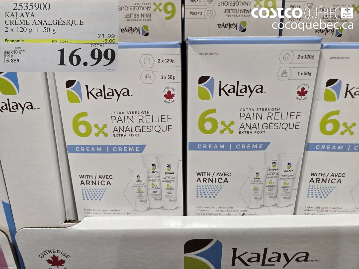2535900 KALAYA CRÈME ANALGÉSIQUE 2 X 120 G + 50 G ($5.00 INSTANT SAVINGS EXPIRES ON 2026-11-01) $16.99