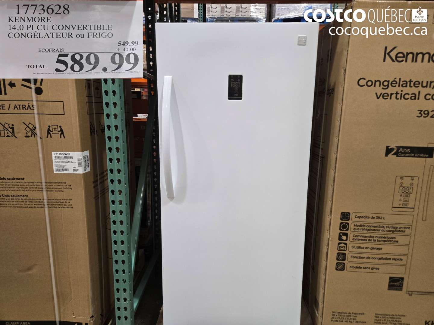1773628 KENMORE 14.0 PI CU CONVERTIBLE CONGÉLATEUR OU FRIGO $589.99