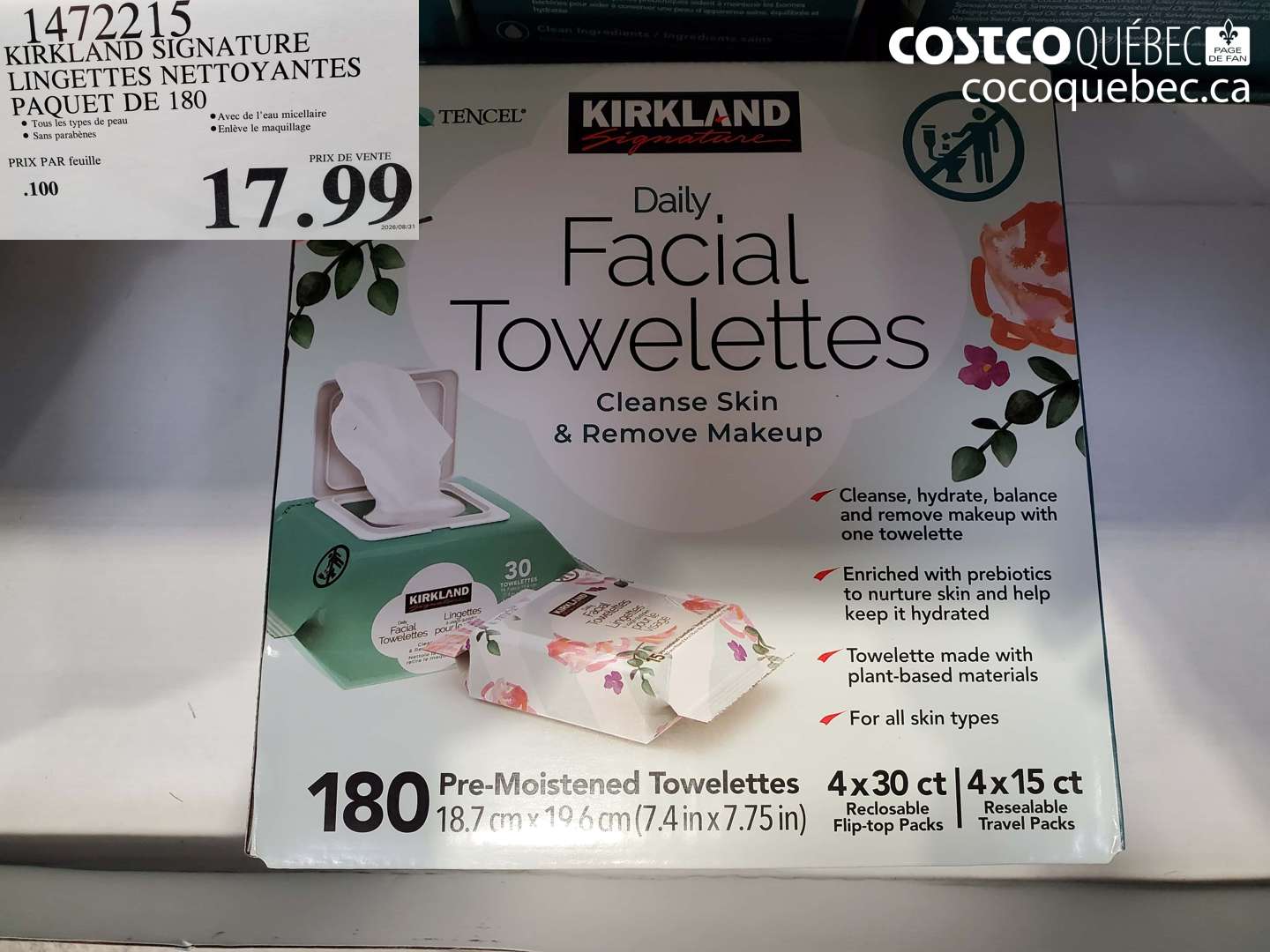 1472215 KIRKLAND SIGNATURE LINGETTES NETTOYANTES PAQUET DE 180 $17.99