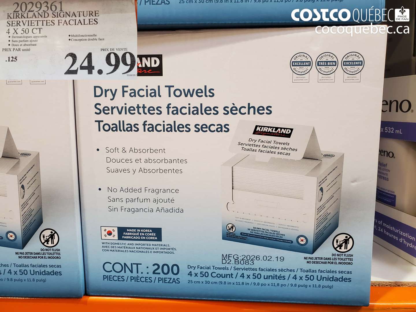 2029361 KIRKLAND SIGNATURE SERVIETTES FACIALES 4 X 50 CT $24.99