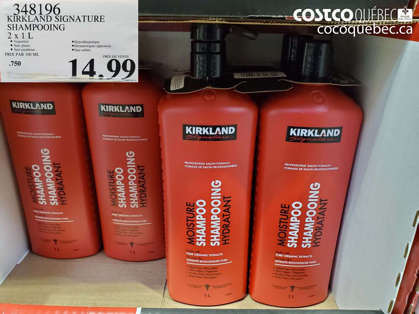 348196 KIRKLAND SIGNATURE SHAMPOOING 2 X 1 L $14.99