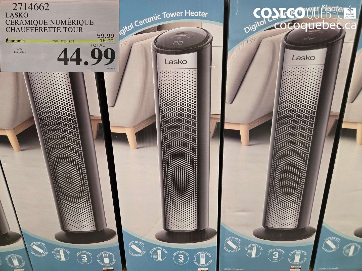 2714662 LASKO CÉRAMIQUE NUMÉRIQUE CHAUFFERETTE TOUR ($15.00 INSTANT SAVINGS EXPIRES ON 2026-11-22) $44.99