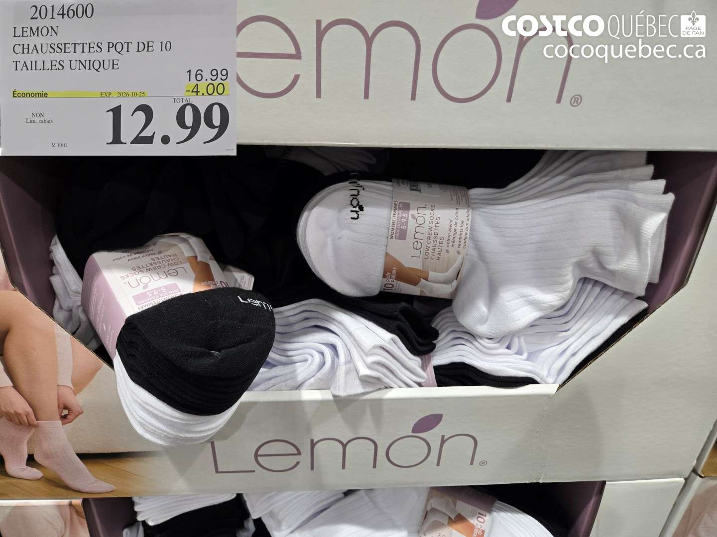 2014600 LEMON CHAUSSETTES PQT DE 10 TAILLES UNIQUE ($4.00 INSTANT SAVINGS EXPIRES ON 2026-10-25) $12.99