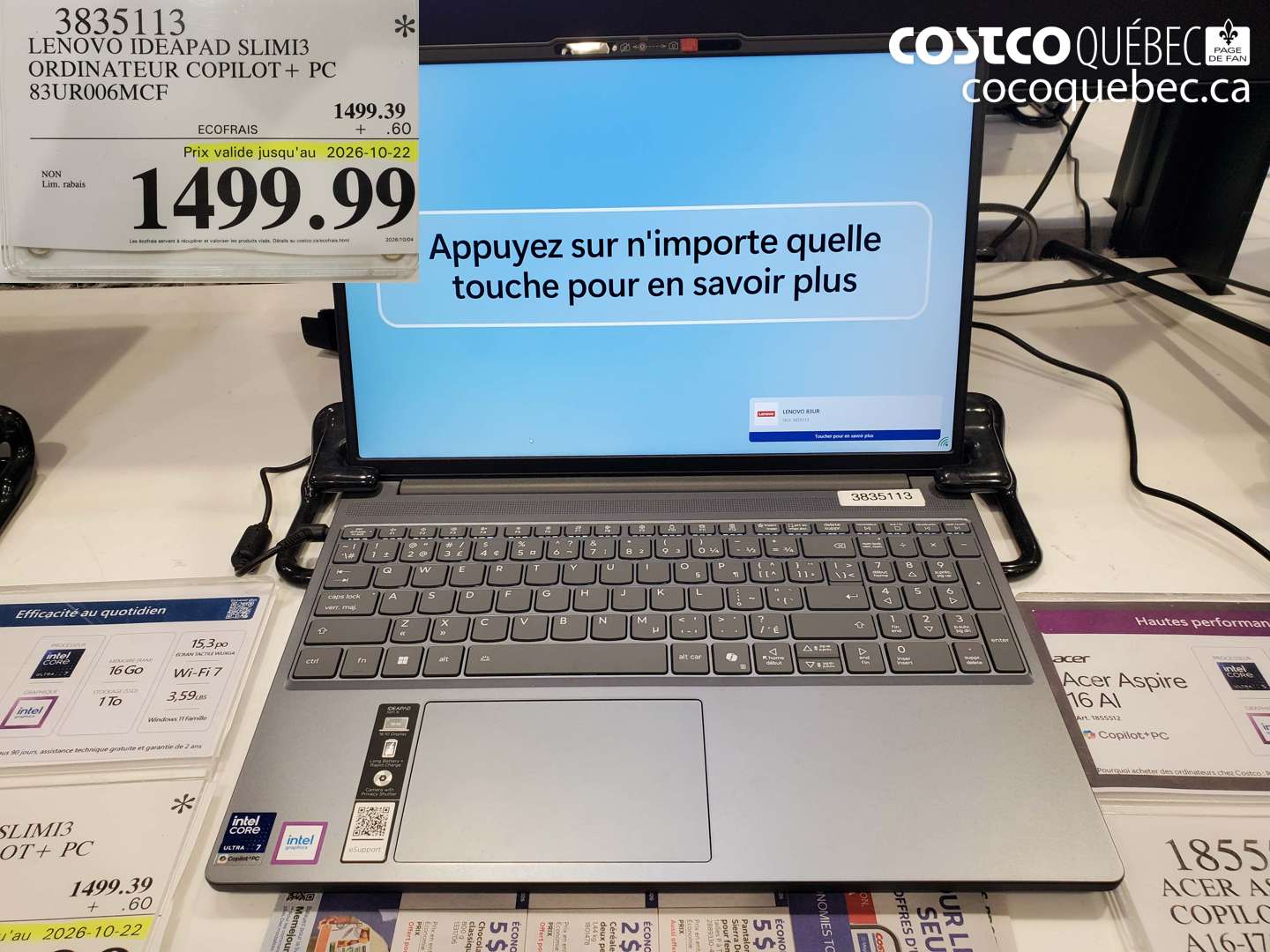 3835113 LENOVO IDEAPAD SLIMI3 ORDINATEUR COPILOT + PC 83UR006MCF (EXPIRES ON 2026-10-22) $1499.99