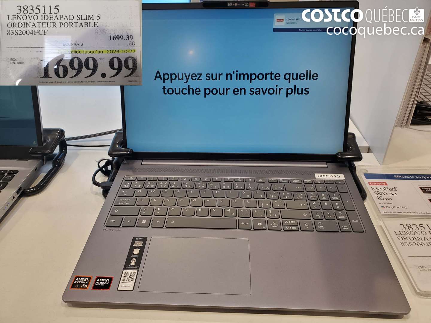 3835115 LENOVO IDEAPAD SLIM 5 ORDINATEUR PORTABLE (EXPIRES ON 2026-10-22) $1699.99