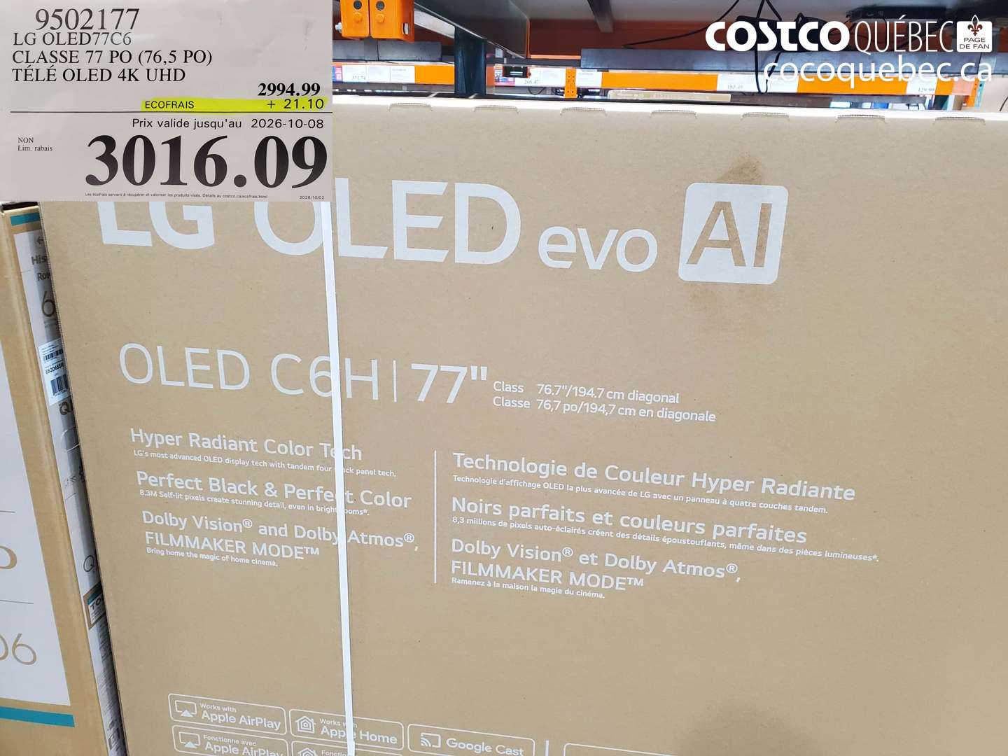 9502177 LG OLED77C6 CLASSE 77 PO (76.5 PO) TÉLÉ OLED 4K UHD (EXPIRES ON 2026-10-08) $3016.09