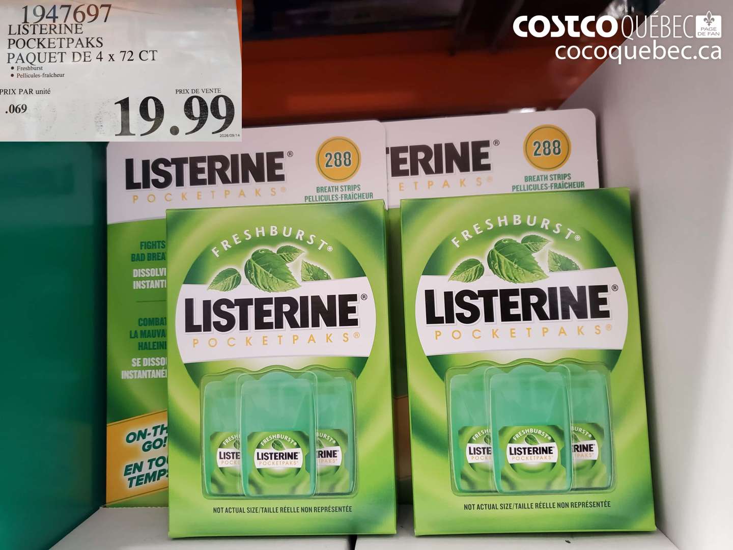1947697 LISTERINE POCKETPAKS PAQUET DE 4 X 72 CT $19.99