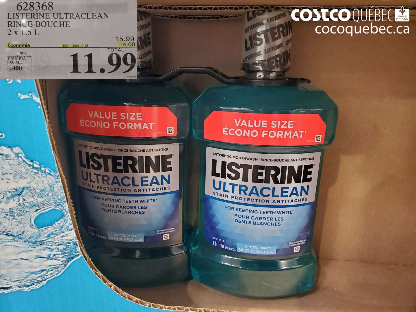 628368 LISTERINE ULTRACLEAN RINCE-BOUCHE 2 X 1.5 L ($4.00 INSTANT SAVINGS EXPIRES ON 2026-10-25) $11.99