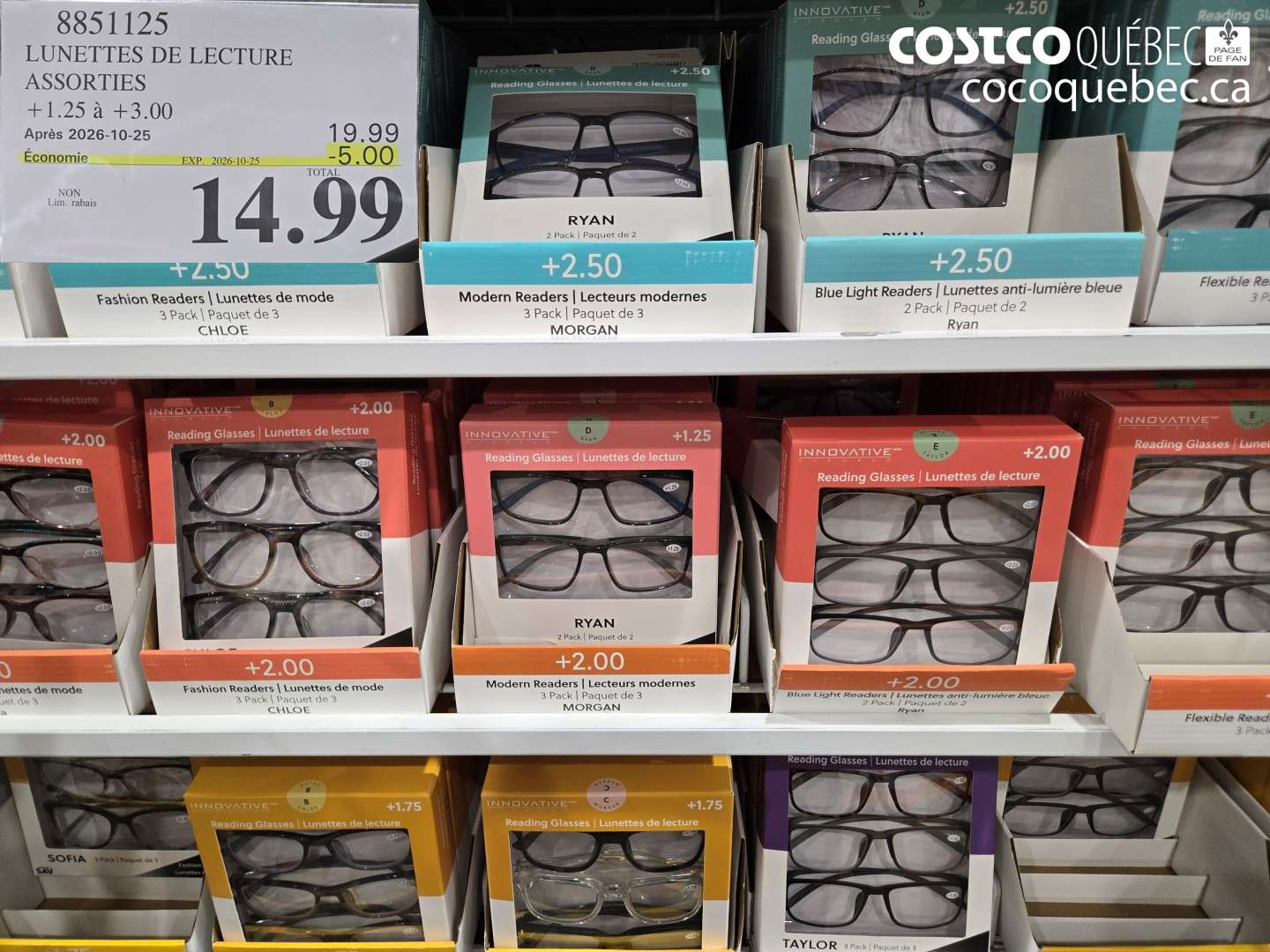 8851125 LUNETTES DE LECTURE ASSORTIES ($5.00 INSTANT SAVINGS EXPIRES ON 2026-10-25) $14.99