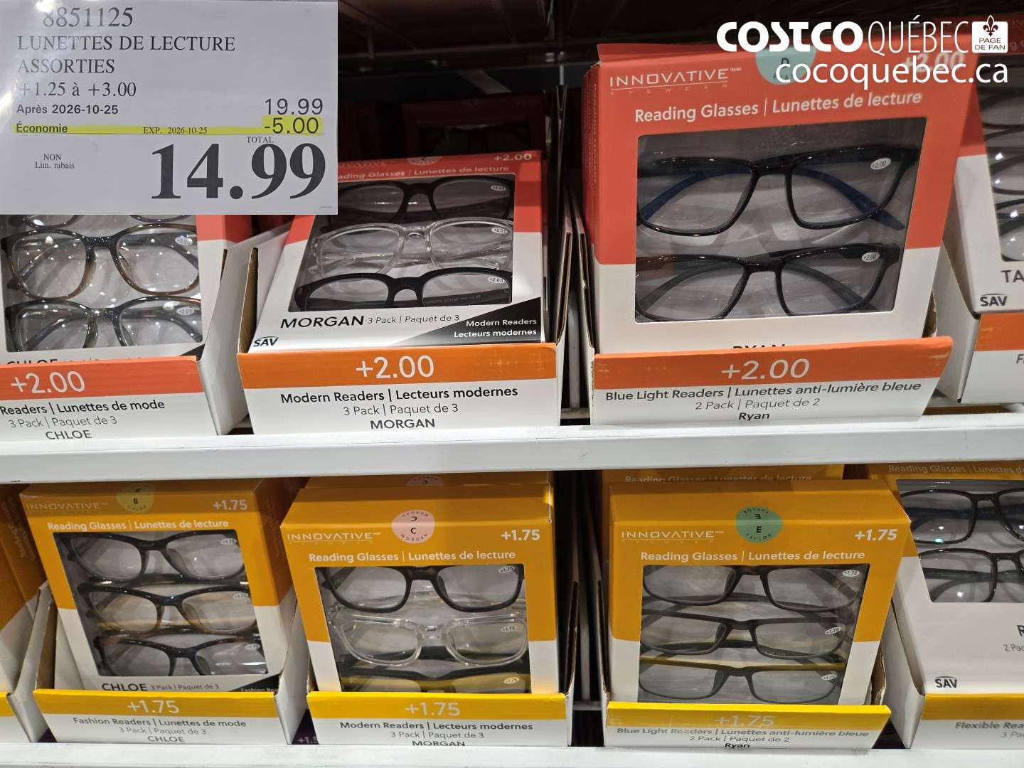 8851125 LUNETTES DE LECTURE ASSORTIES ($5.00 INSTANT SAVINGS EXPIRES ON 2026-10-25) $14.99