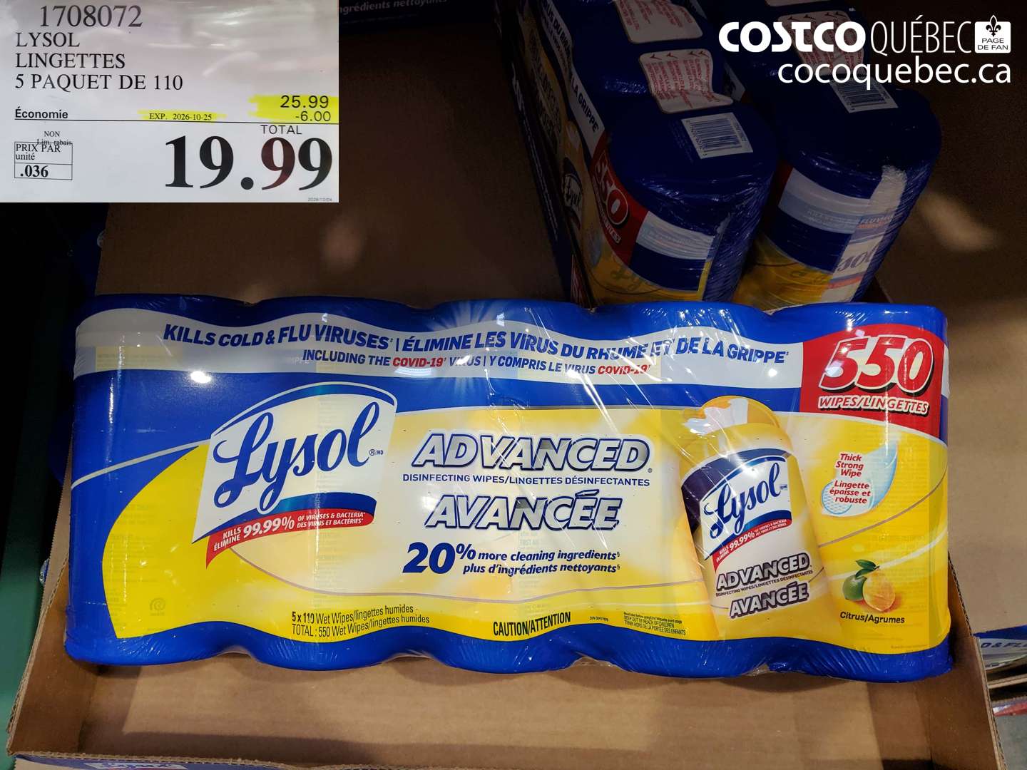 1708072 LYSOL LINGETTES 5 PAQUET DE 110 ($6.00 INSTANT SAVINGS EXPIRES ON 2026-10-25) $19.99