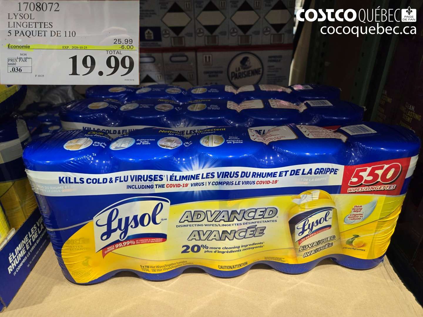 1708072 LYSOL LINGETTES 5 PAQUET DE 110 ($6.00 INSTANT SAVINGS EXPIRES ON 2026-10-25) $19.99