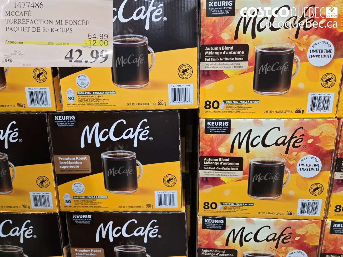 1477486 MCCAFÉ TORRÉFACTION MI-FONCÉE PAQUET DE 80 K-CUPS ($12.00 INSTANT SAVINGS EXPIRES ON 2025-10-25) $42.99