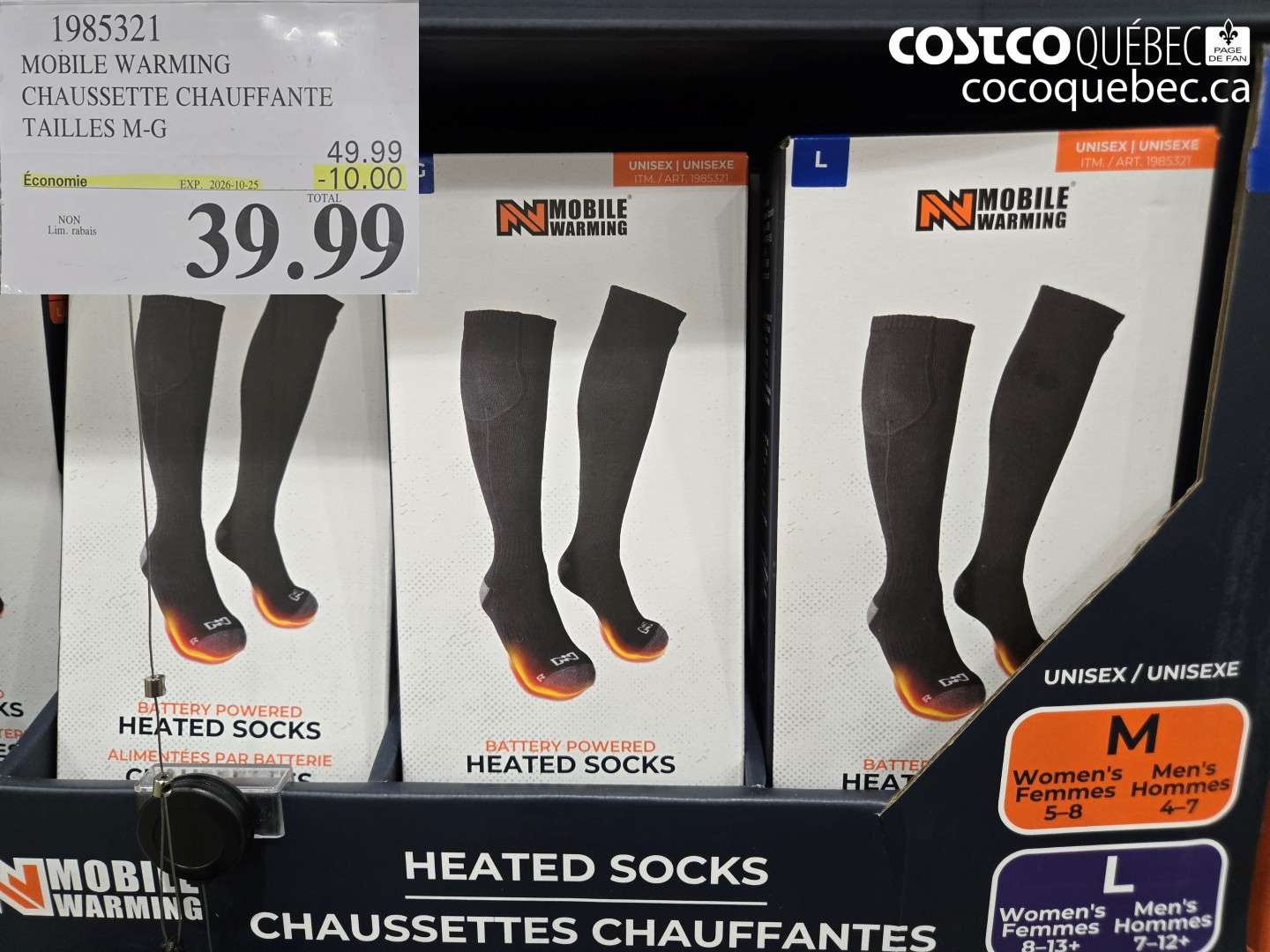 1985321 MOBILE WARMING CHAUSSETTE CHAUFFANTE TAILLES M-G ($10.00 INSTANT SAVINGS EXPIRES ON 2026-10-25) $39.99