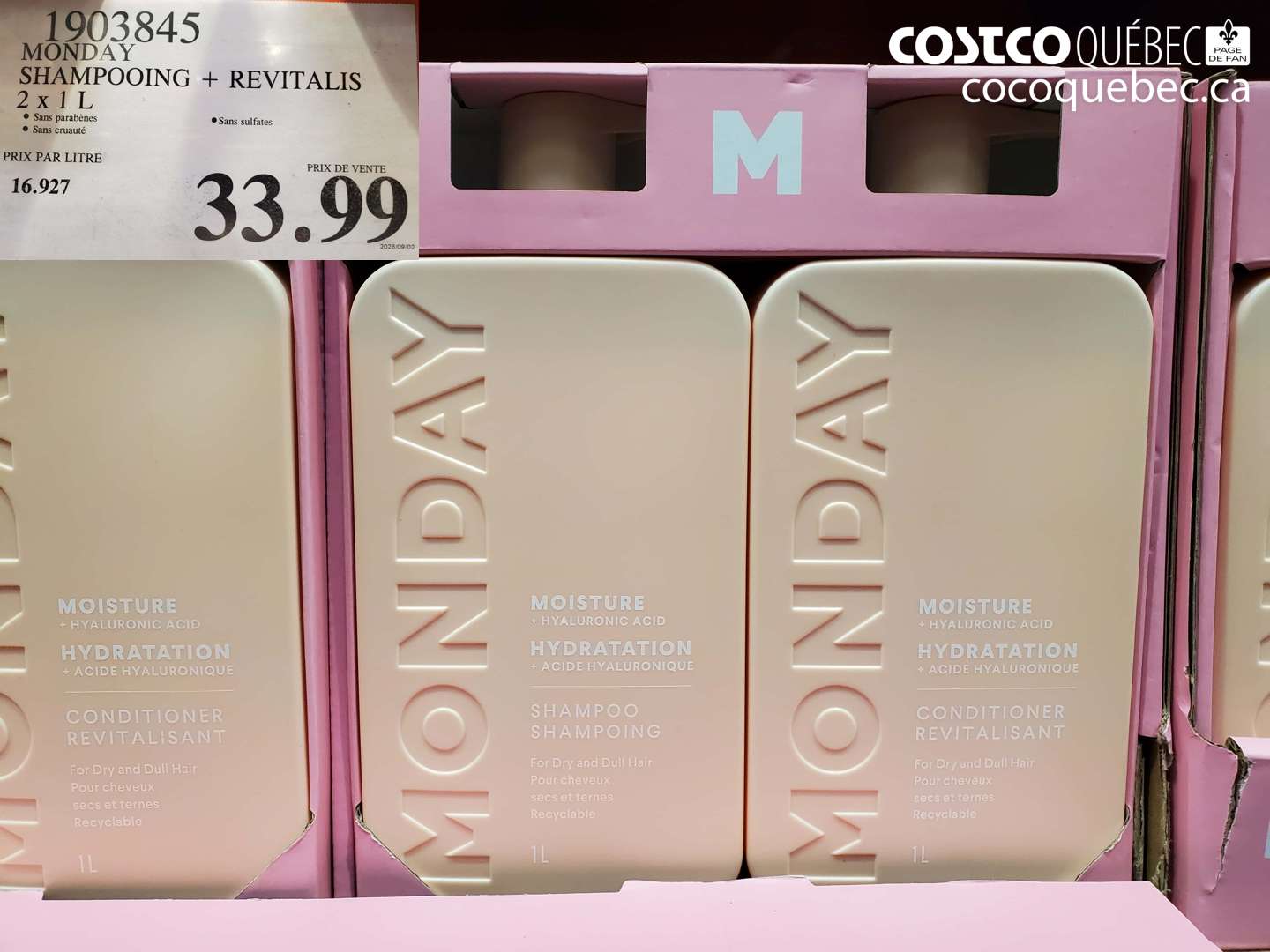 1903845 MONDAY SHAMPOOING + REVITALIS 2 X 1 L $33.99
