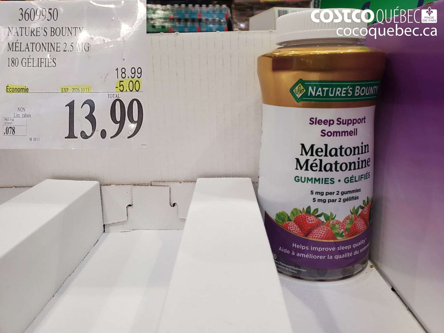 3609950 NATURE'S BOUNTY MÉLATONINE 2.5 MG 180 GÉLIFIÉES ($5.00 INSTANT SAVINGS EXPIRES ON 2026-10-11) $13.99