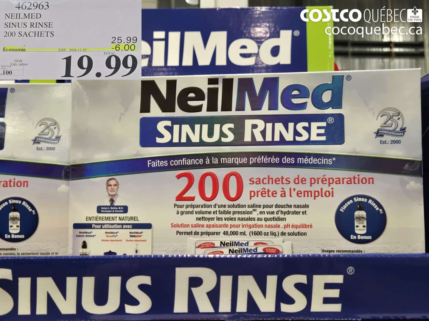 462963 NEILMED SINUS RINSE 200 SACHETS ($6.00 INSTANT SAVINGS EXPIRES ON 2026-11-22) $19.99