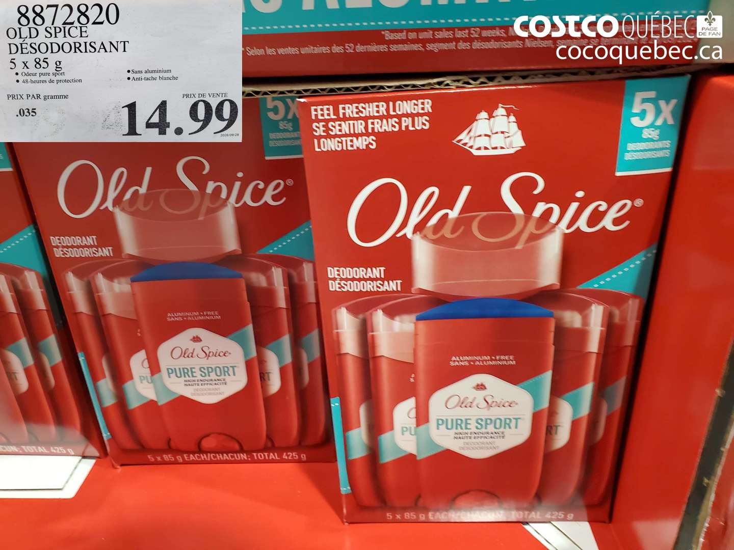 8872820 OLD SPICE DÉSODORISANT 5 X 85 G $14.99