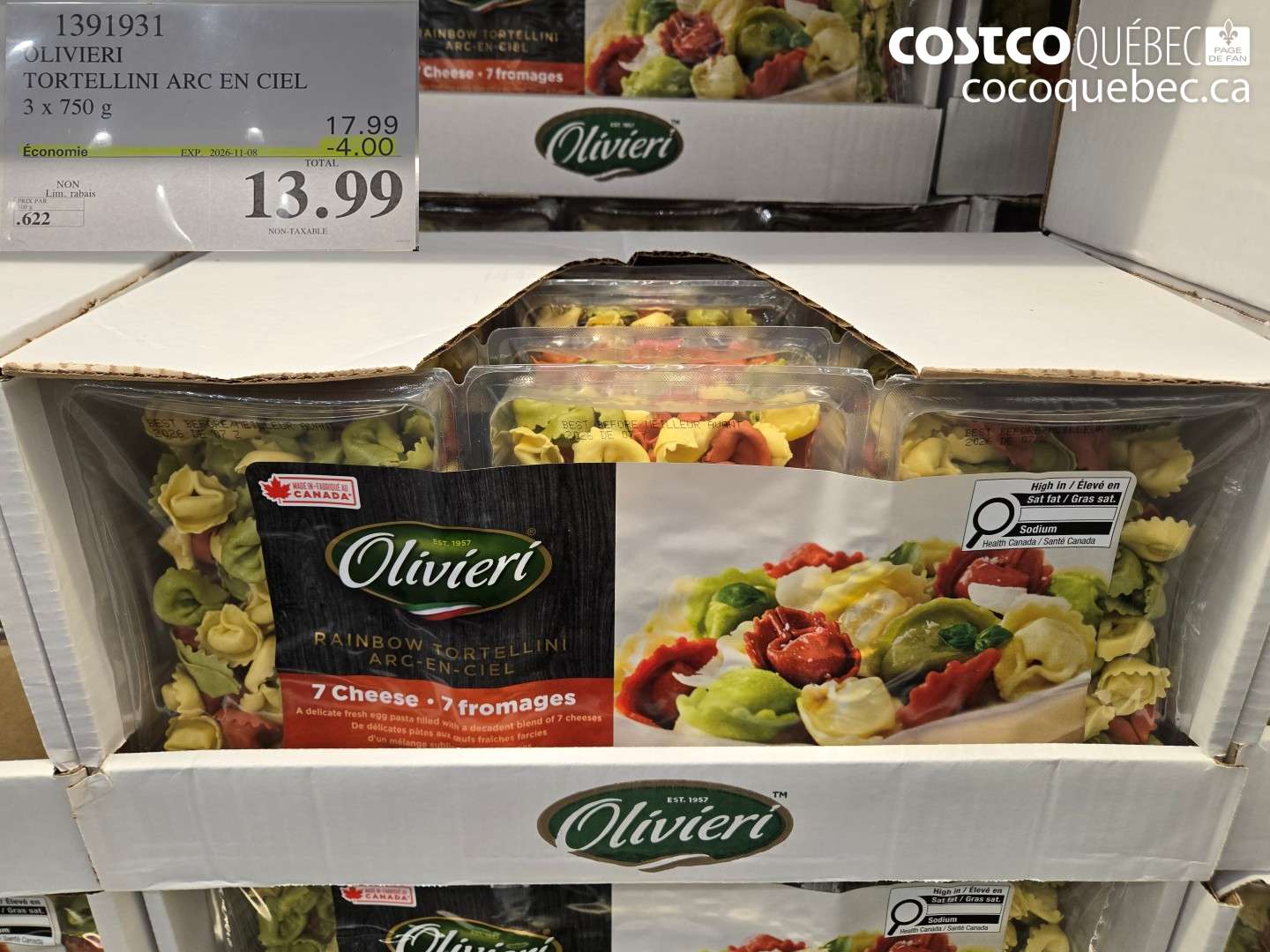 1391931 OLIVIERI TORTELLINI ARC EN CIEL 3 X 750 G ($4.00 INSTANT SAVINGS EXPIRES ON 2026-11-08) $13.99